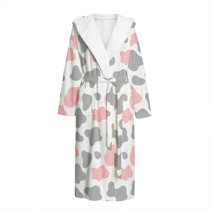 Pink Grey And White Cow Print Hooded Bathrobe