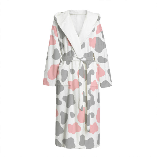 Pink Grey And White Cow Print Hooded Bathrobe