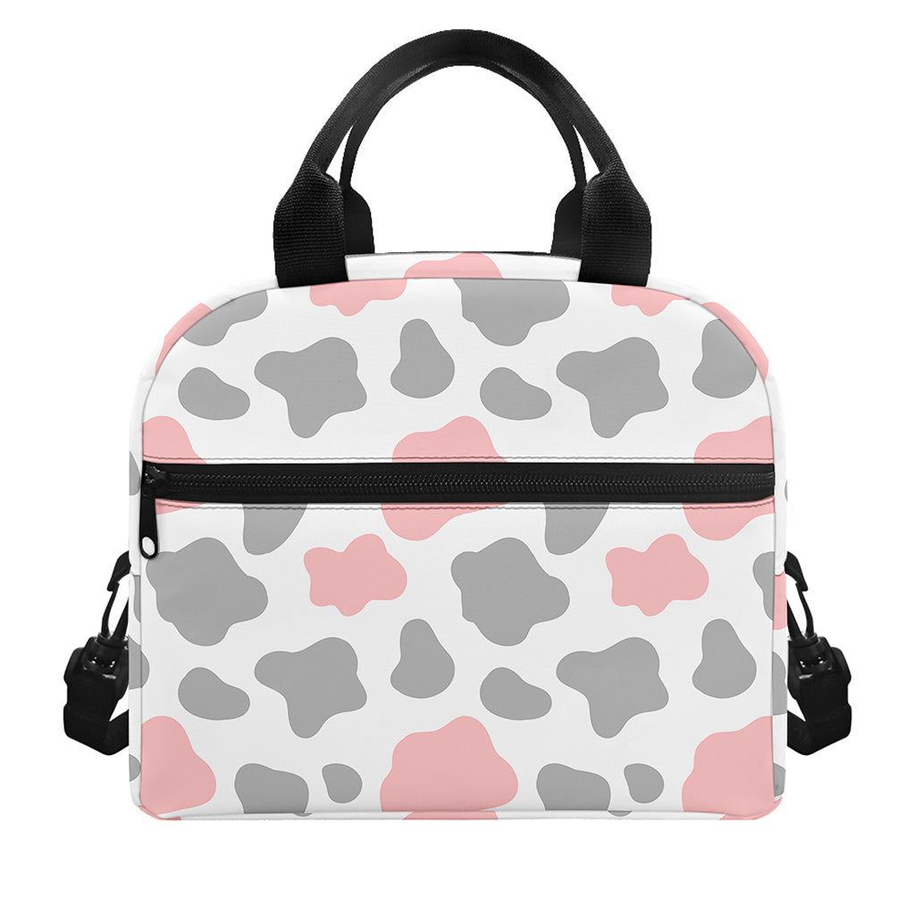 Pink Grey And White Cow Print Insulated Lunch Bag
