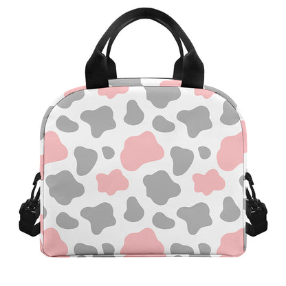 Pink Grey And White Cow Print Insulated Lunch Bag