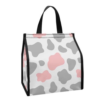 Pink Grey And White Cow Print Insulated Lunch Tote
