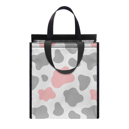 Pink Grey And White Cow Print Insulated Lunch Tote