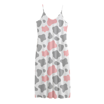 Pink Grey And White Cow Print Jersey Midi Cami Dress