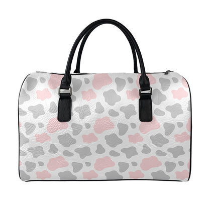 Pink Grey And White Cow Print Leather Duffle Bag