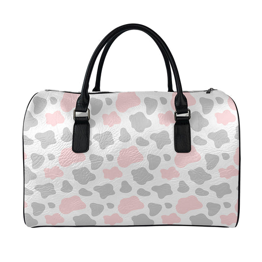 Pink Grey And White Cow Print Leather Duffle Bag