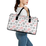 Pink Grey And White Cow Print Leather Duffle Bag