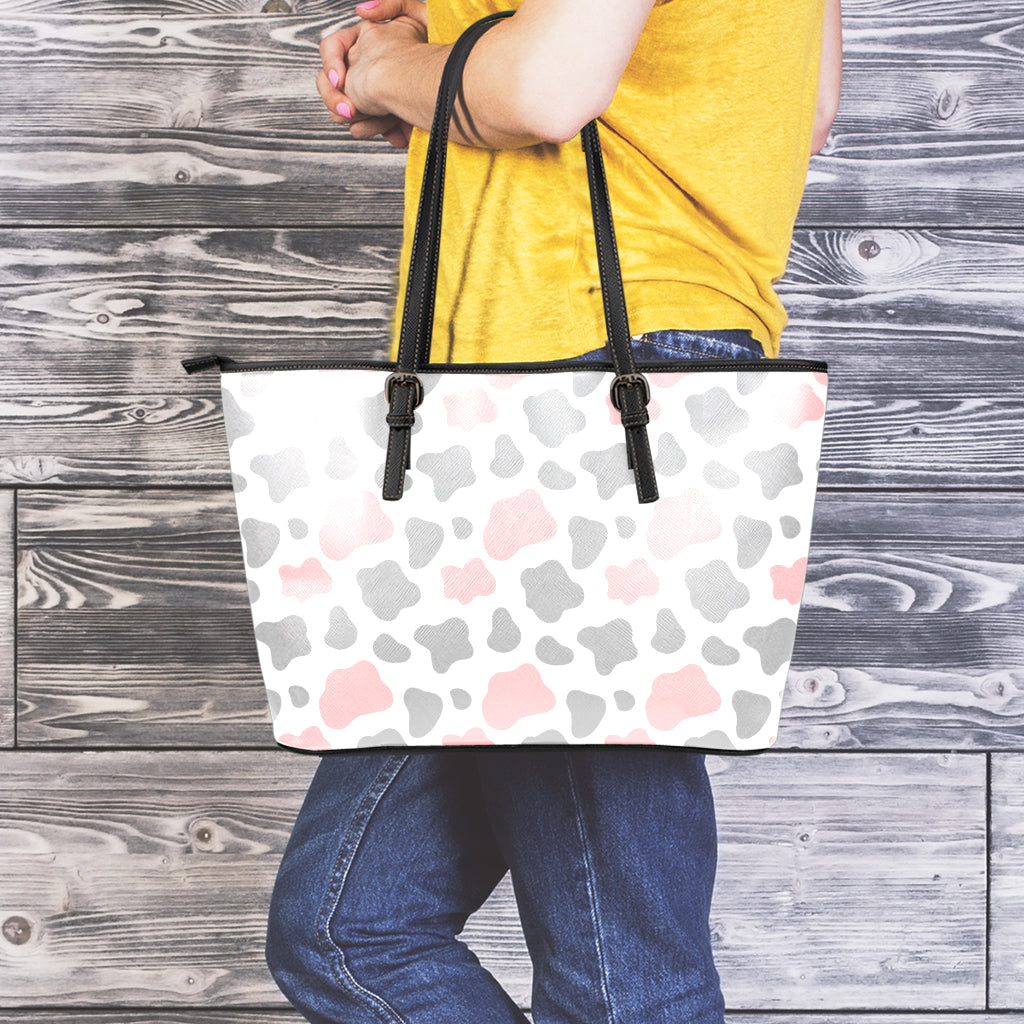 Pink Grey And White Cow Print Leather Tote Bag
