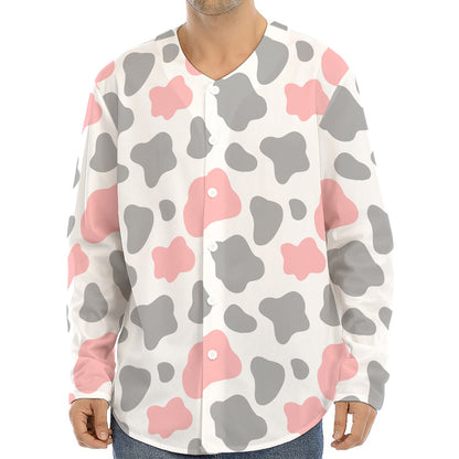 Pink Grey And White Cow Print Long Sleeve Baseball Jersey