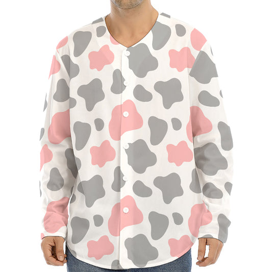 Pink Grey And White Cow Print Long Sleeve Baseball Jersey