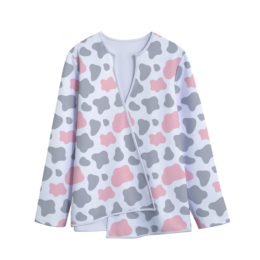 Pink Grey And White Cow Print Long Sleeve Short Coat