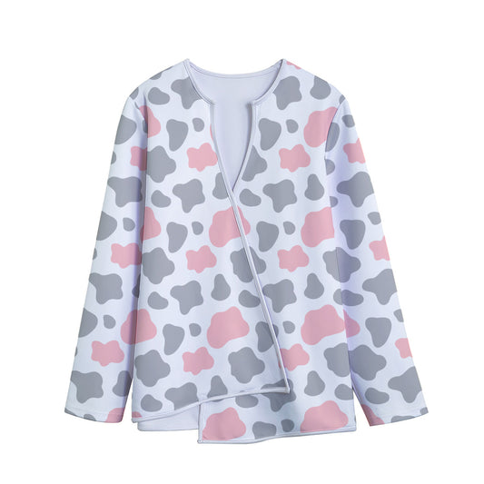 Pink Grey And White Cow Print Long Sleeve Short Coat