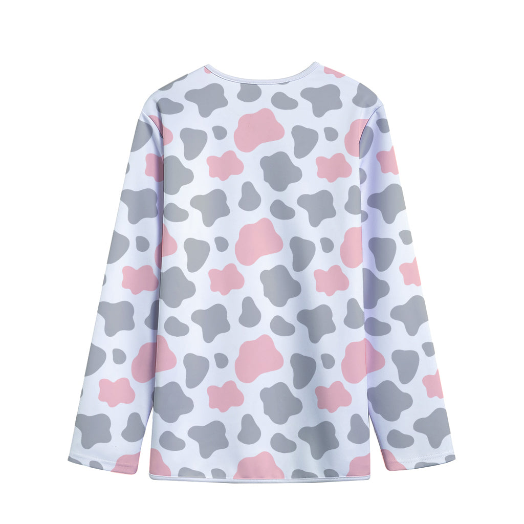Pink Grey And White Cow Print Long Sleeve Short Coat