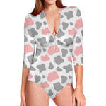 Pink Grey And White Cow Print Long Sleeve Swimsuit