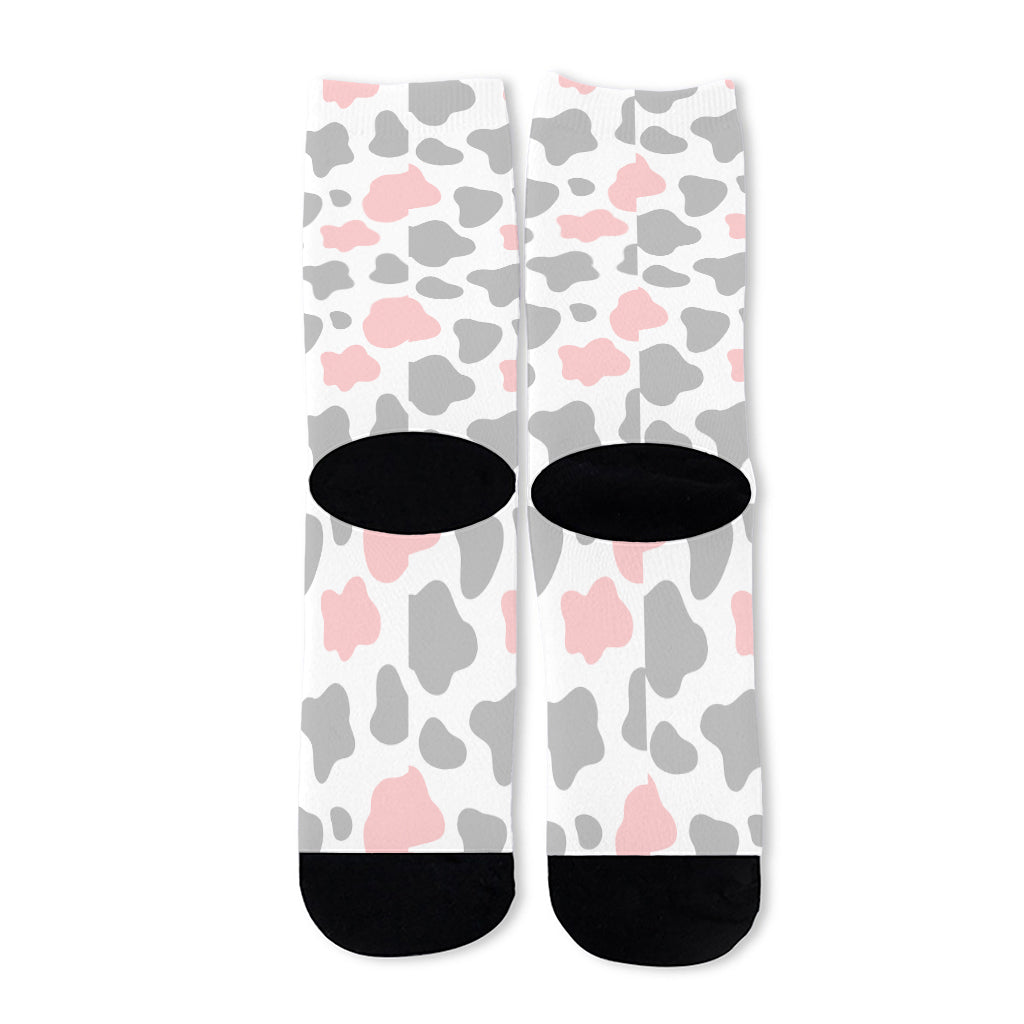Pink Grey And White Cow Print Long Socks