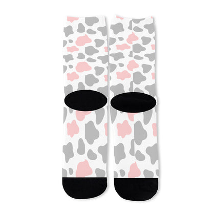 Pink Grey And White Cow Print Long Socks