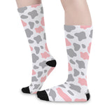 Pink Grey And White Cow Print Long Socks