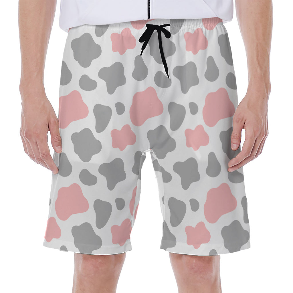 Pink Grey And White Cow Print Men's Beach Shorts