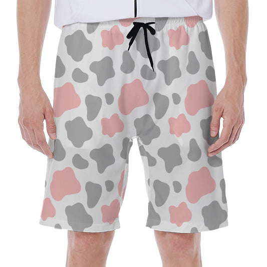 Pink Grey And White Cow Print Men's Beach Shorts