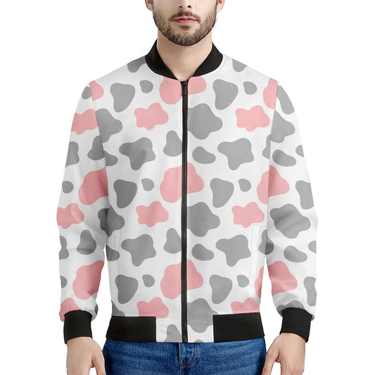 Pink Grey And White Cow Print Men's Bomber Jacket