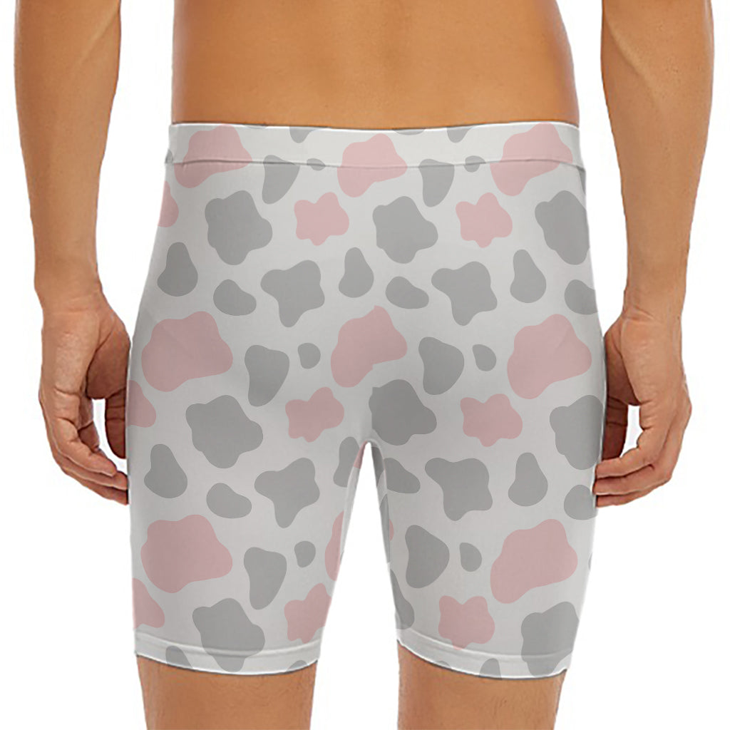 Pink Grey And White Cow Print Men's Long Boxer Briefs