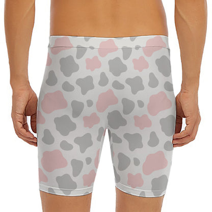 Pink Grey And White Cow Print Men's Long Boxer Briefs