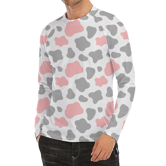 Pink Grey And White Cow Print Men's Long Sleeve Rash Guard