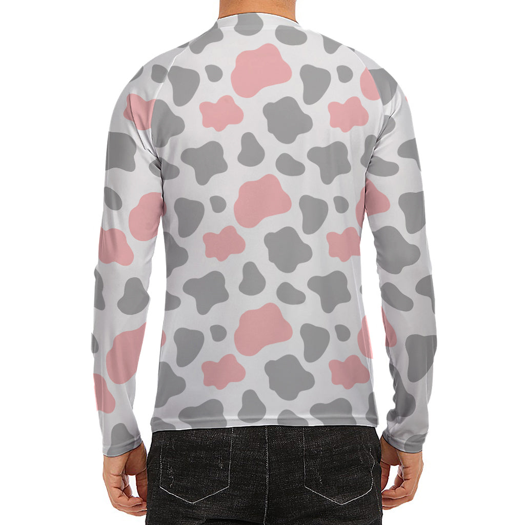 Pink Grey And White Cow Print Men's Long Sleeve Rash Guard