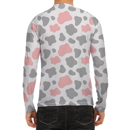 Pink Grey And White Cow Print Men's Long Sleeve Rash Guard