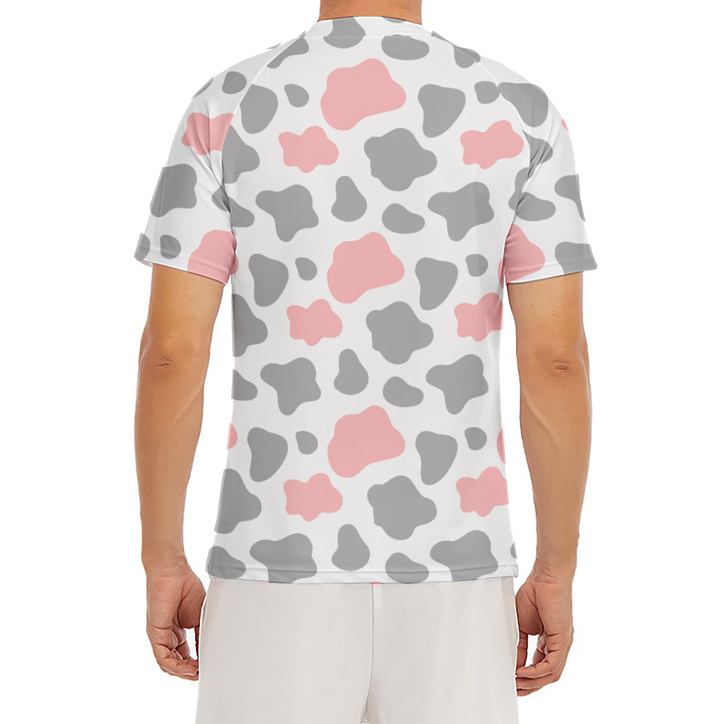 Pink Grey And White Cow Print Men's Short Sleeve Rash Guard