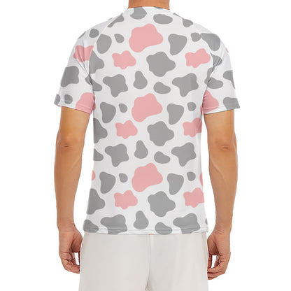 Pink Grey And White Cow Print Men's Short Sleeve Rash Guard