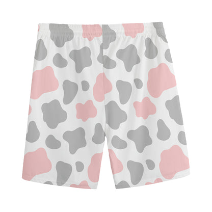 Pink Grey And White Cow Print Men's Sports Shorts