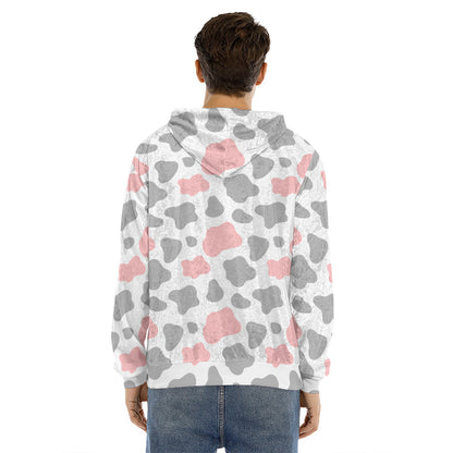 Pink Grey And White Cow Print Men's Velvet Pullover Hoodie