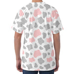 Pink Grey And White Cow Print Men's Velvet T-Shirt