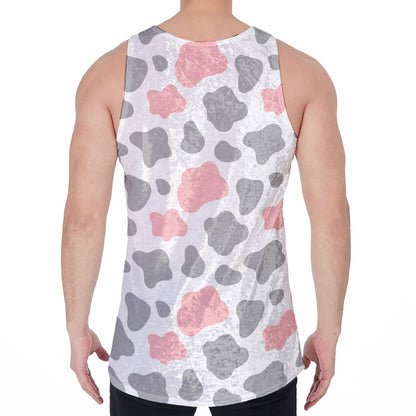 Pink Grey And White Cow Print Men's Velvet Tank Top