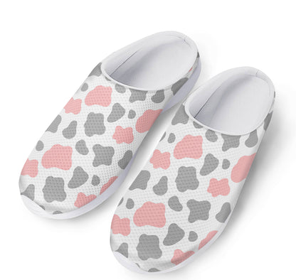 Pink Grey And White Cow Print Mesh Casual Shoes