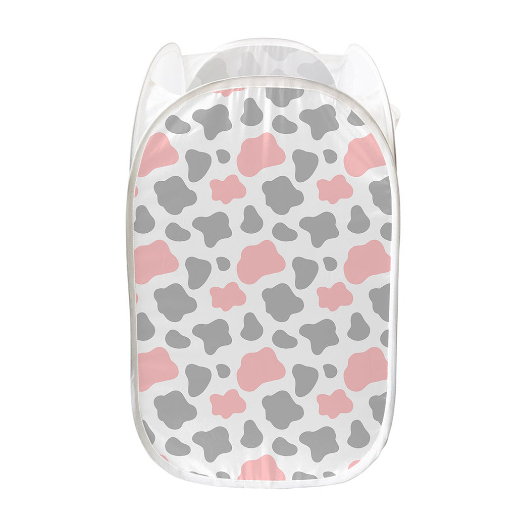 Pink Grey And White Cow Print Mesh Laundry Hamper