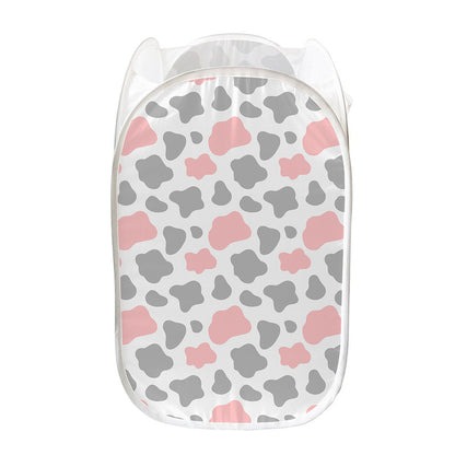 Pink Grey And White Cow Print Mesh Laundry Hamper