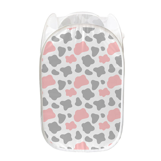 Pink Grey And White Cow Print Mesh Laundry Hamper