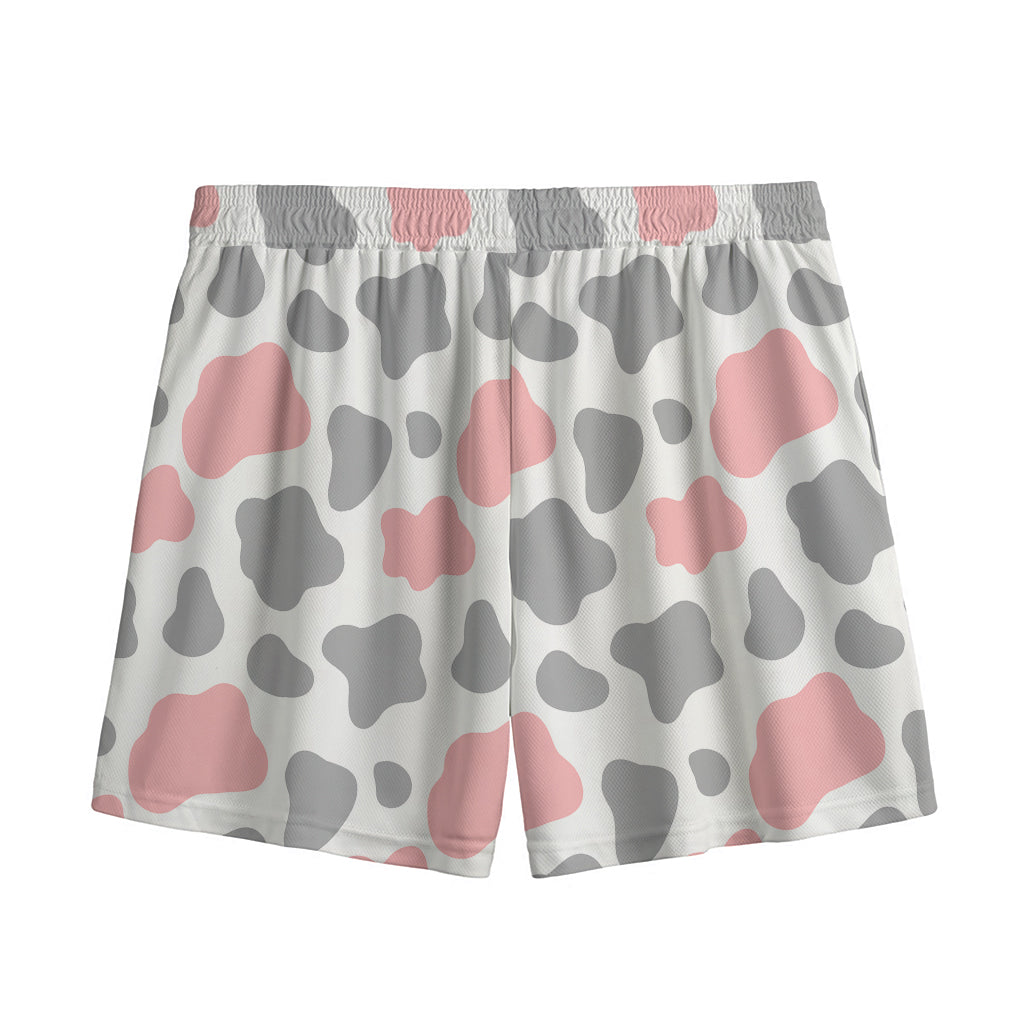 Pink Grey And White Cow Print Mesh Shorts