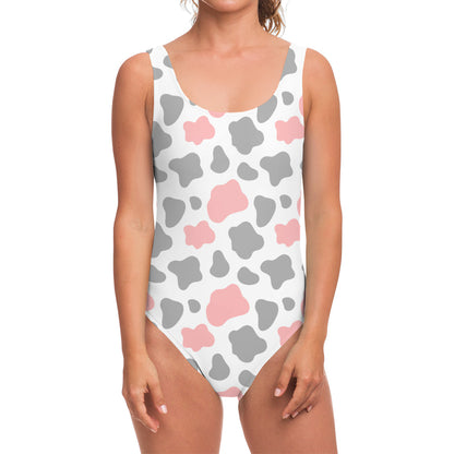 Pink Grey And White Cow Print One Piece Swimsuit
