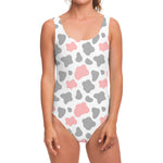 Pink Grey And White Cow Print One Piece Swimsuit