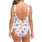 Pink Grey And White Cow Print One Piece Swimsuit