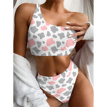 Pink Grey And White Cow Print One Shoulder Bikini Top