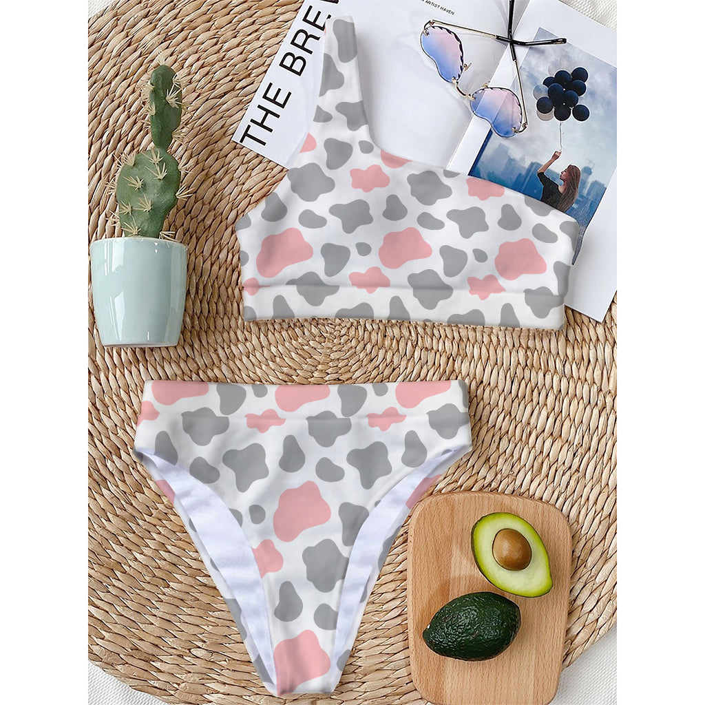 Pink Grey And White Cow Print One Shoulder Bikini Top