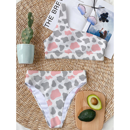 Pink Grey And White Cow Print One Shoulder Bikini Top