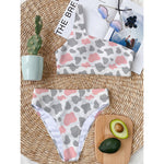 Pink Grey And White Cow Print One Shoulder Bikini Top