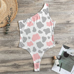 Pink Grey And White Cow Print One Shoulder Bodysuit