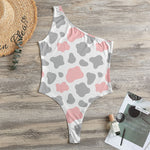 Pink Grey And White Cow Print One Shoulder Bodysuit