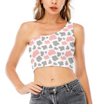 Pink Grey And White Cow Print One Shoulder Crop Top