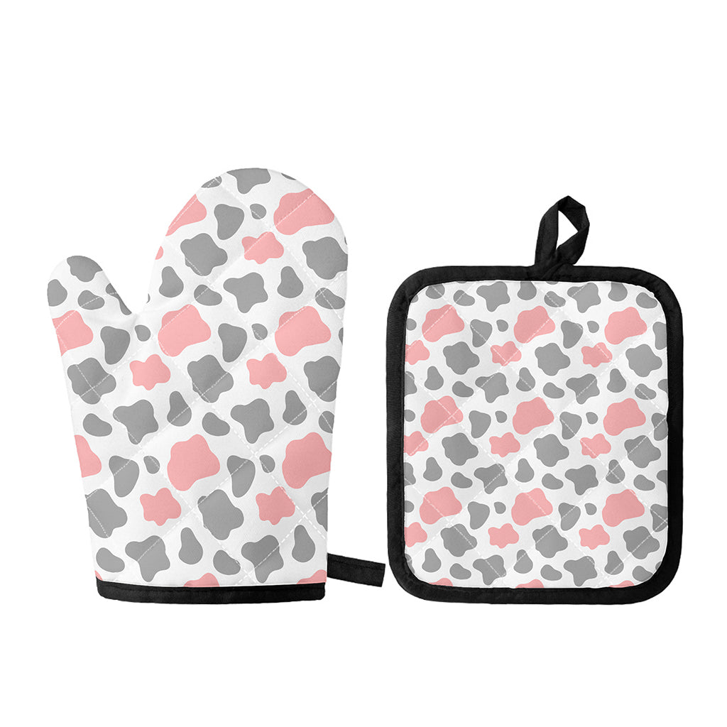 Pink Grey And White Cow Print Oven Mitt And Pot Holder Set